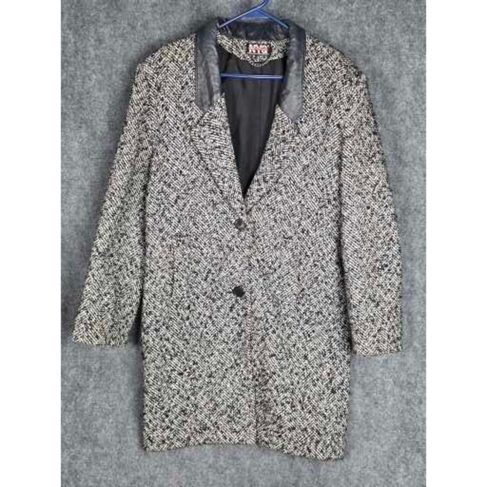 Vintage New York Girl Tweed Blazer Coat Leather Collar Chain Detail Women Sz‎ 10